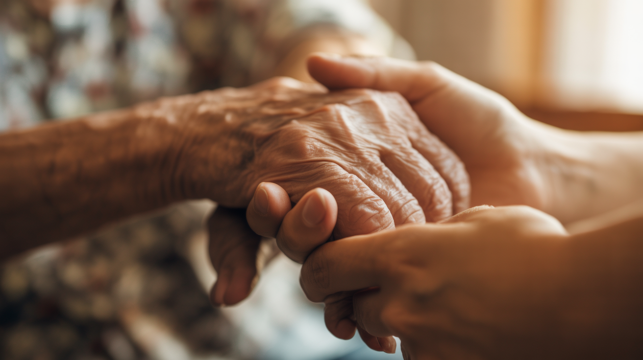 Mãos de cuidadora segurando com carinho as mãos de pessoa idosa